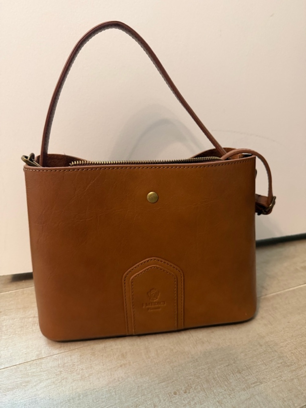 Chestnut Brown Italian Leather Shoulder Bag with Top Handle - Picture 2 of 3
